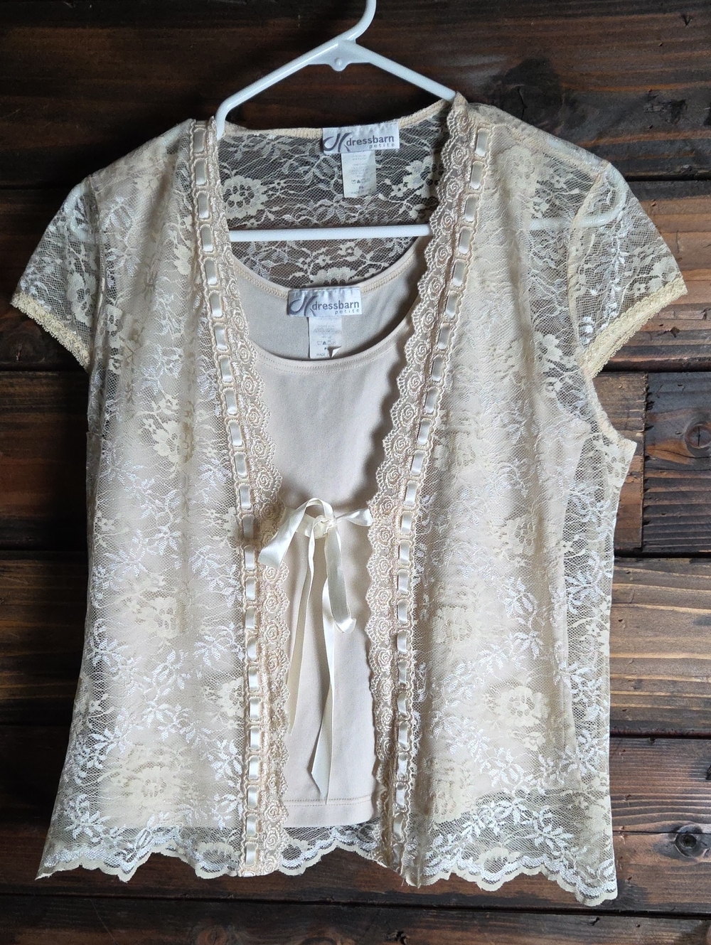 Vintage Dressbarn Cream Lace Overlay Top Matching Tank Top Ribbon Tie Petite